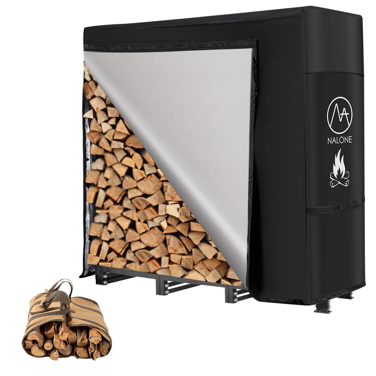 NALONE 4FT Outdoor Firewood Rack with Cover&Carry Bag Heavy Duty Square Strong Stand Rack with Waterproof Cover for Fireplace Fire Pits Wood Pile