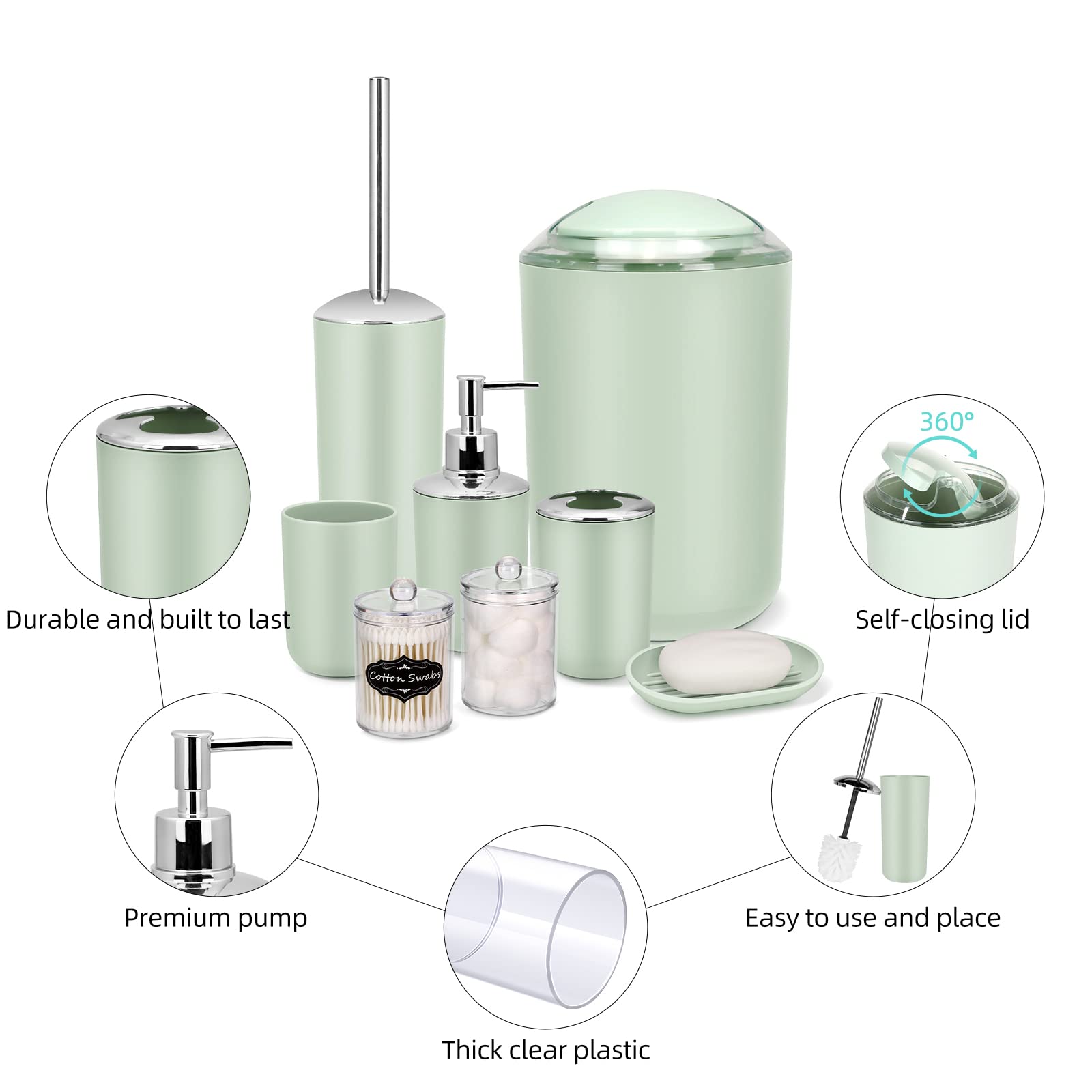 IMAVO Bathroom Accessory Set - 8 Pcs Green Bathroom Accessories Set with Trash Can, Soap Dispenser, Soap Dish, Toothbrush Holder, Toothbrush Cup,