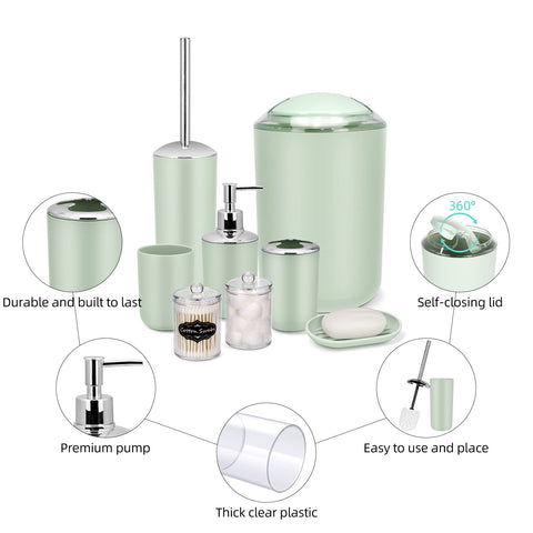 IMAVO Bathroom Accessory Set - 8 Pcs Green Bathroom Accessories Set with Trash Can, Soap Dispenser, Soap Dish, Toothbrush Holder, Toothbrush Cup,