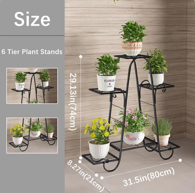 CarolynDesign 6 Tier Plant Stands for Indoors and Outdoors, Flower Pot Holder Shelf for Multi Plants, Black Metal Plant Stand for Patio
