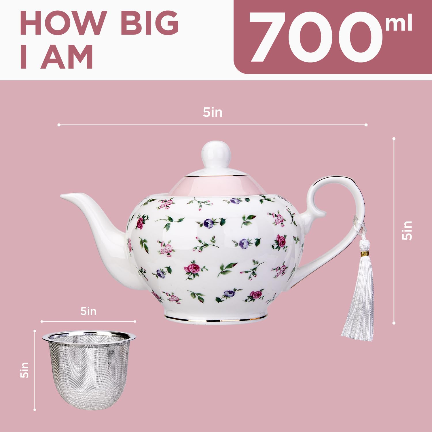 London Boutique teapot with Infuser - Tea Pot infusers for Loose Tea -700ml Capacity Perfect 2 Cup teapot -Easy Grab Handle Teapots (Roses Pink)