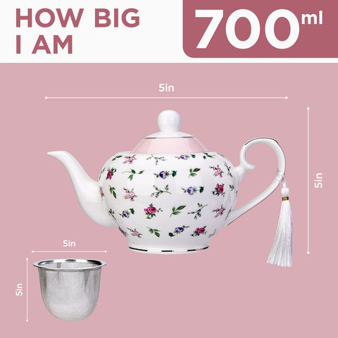 London Boutique teapot with Infuser - Tea Pot infusers for Loose Tea -700ml Capacity Perfect 2 Cup teapot -Easy Grab Handle Teapots (Roses Pink)