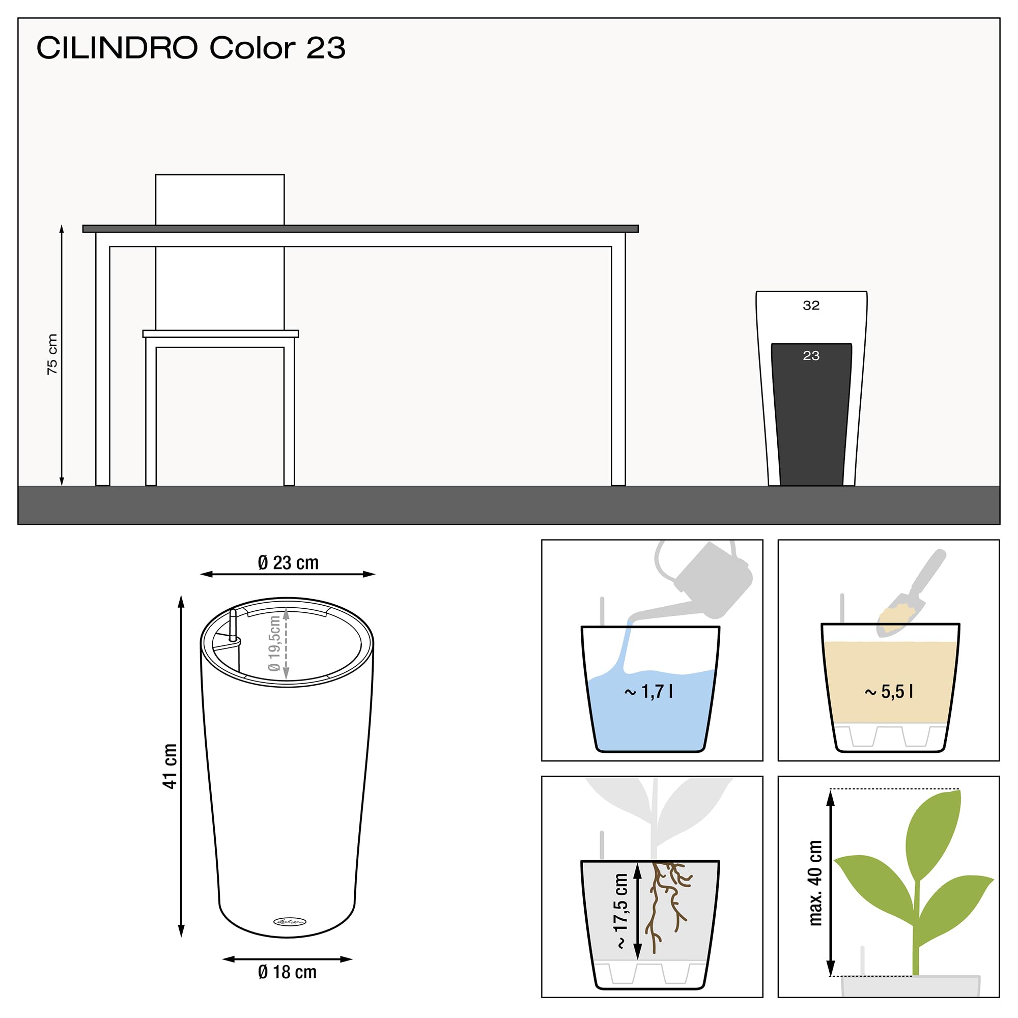 Lechuza CILINDRO Color 23 Self Watering Planter Garden Plastic Indoor and Outdoor Flower Plant Pot with Drainage Hole D23 H41 cm Slate