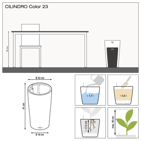 Lechuza CILINDRO Color 23 Self Watering Planter Garden Plastic Indoor and Outdoor Flower Plant Pot with Drainage Hole D23 H41 cm Slate