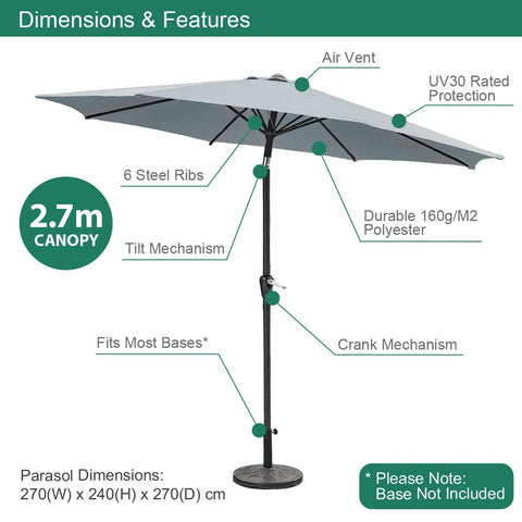 GardenKraft 14730 2.7m Outdoor Garden Parasol/Tilt & Crank Mechanism / 6 Steel Ribs/UV 30 Protection/Durable Polyester Material/Grey Colour