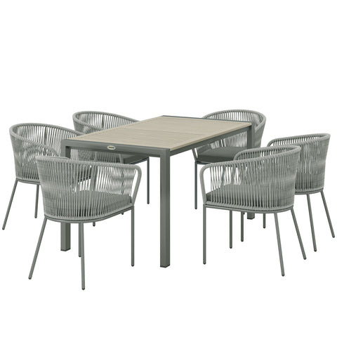 Outsunny Rattan Dining Set, 6 Seater Rattan Garden Furniture Set with Acacia Wood Top Rectangle Table, 6 Chairs, Washable Seat Cushions, for Outdoor, Patio, Conservatory, Grey