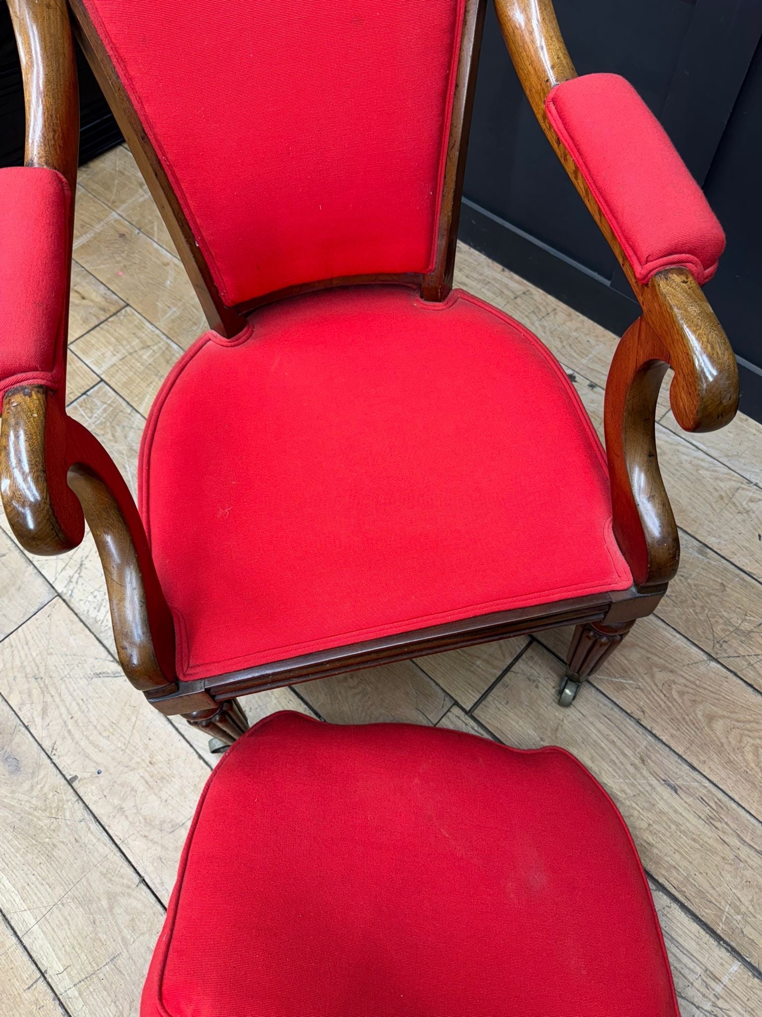 Antique Mahogany Armchair / Red Upholstered Chair / Victorian Empire Armchair