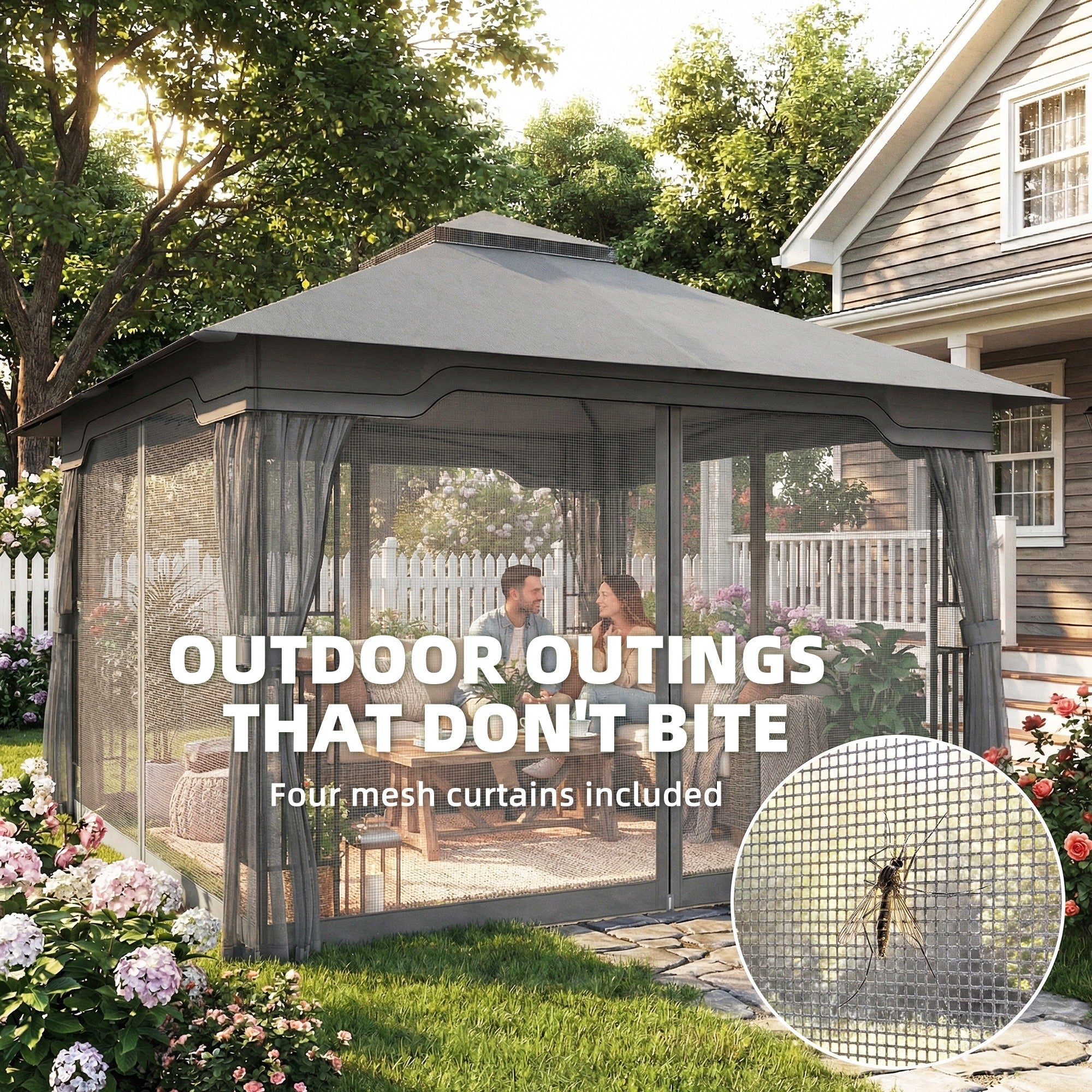 Outsunny 3.3 x 3.3 m Outdoor Garden Gazebo with Post Shelves, UPF50+ Patio Permanent Pavilion with Hook, Dark Grey