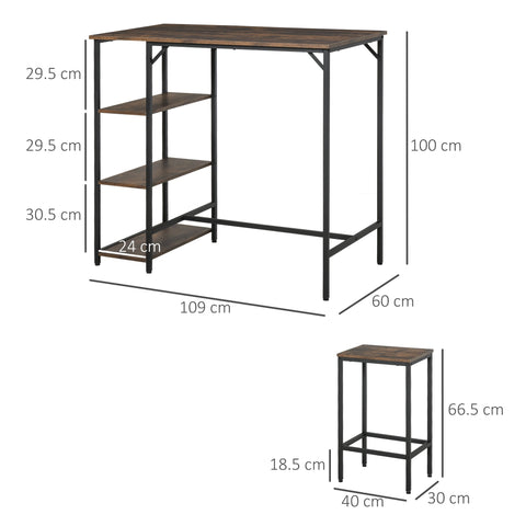 HOMCOM Industrial Bar Height Dining Table Set With 2 Stools & Side Shelf, 3 Pieces Coffee Table for Dining Room, Kitchen, Dinette