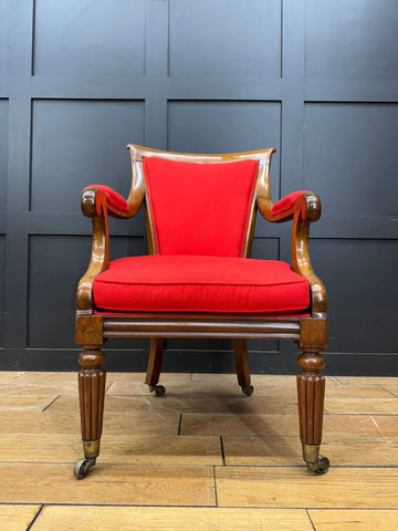 Antique Mahogany Armchair / Red Upholstered Chair / Victorian Empire Armchair