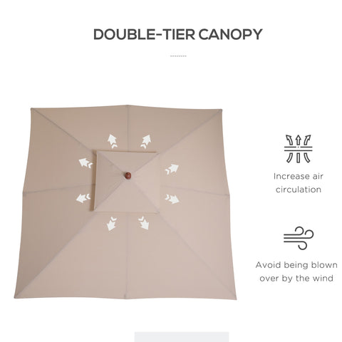 Outsunny 3 x 3 metre Patio Parasol Garden Umbrellas Sunshade Outdoor Wooden Parasol Canopy Double Tier, Beige, BASE NOT INCLUDED