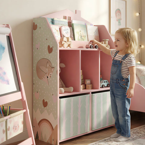 AIYAPLAY Kids Bookshelf with Storage, Toy Storage Unit with Book Display, Shelves and Fabric Drawers for Playroom Nursery, Pink