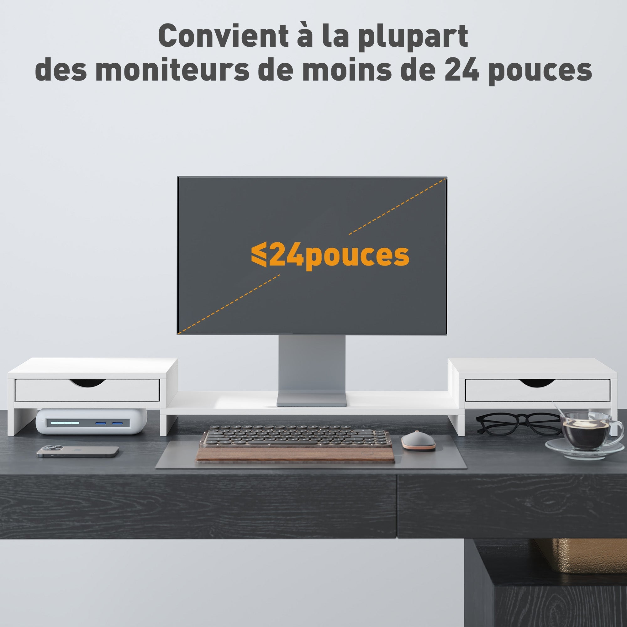 HOMCOM Dual Monitor Stand Riser with 2 Drawers, Adjustable Length and Angle, 116cm Monitor Riser for Laptop, Computer, PC, Small Printer, White