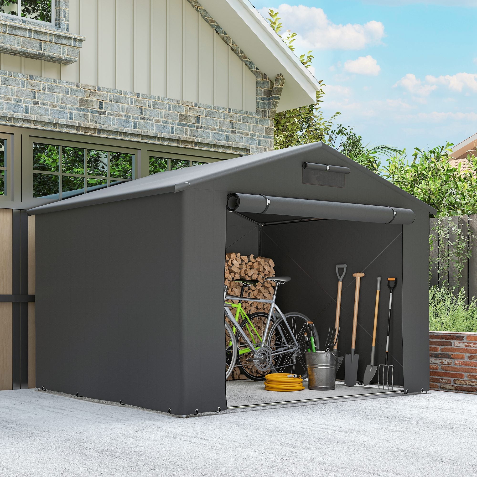 Outsunny 8 x 6 ft Outdoor Garden Storage Shed, Waterproof Bike Tent with Roll-Up Zipper Door, Dark Grey