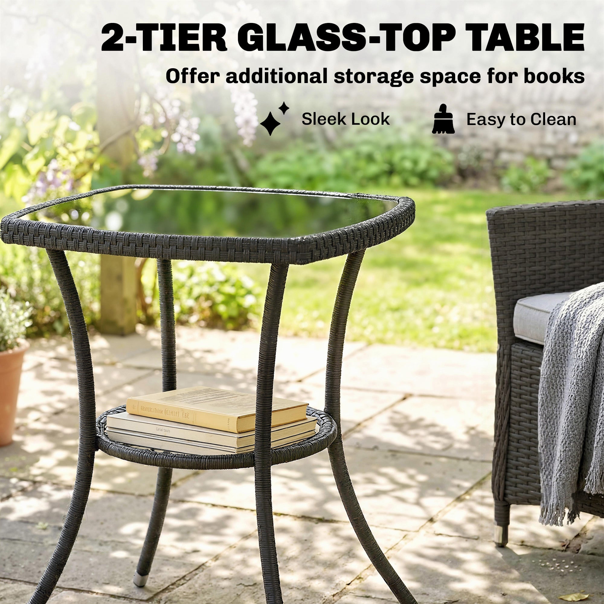 Outsunny 3 Piece Rattan Bistro Set, PE Wicker Garden Furniture Conversation Set with 2 Tier Glass-Top Table, Chairs, Cream White