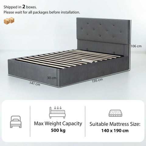 HOMCOM Double Bed Frame Gas Side Lift Under Bed Storage Upholstered Platform Bed Tufted Headboard for 140 x 190 cm Mattress