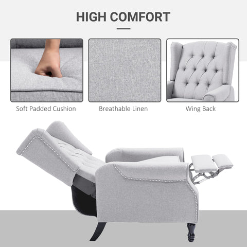 HOMCOM Recliner Armchair, Vintage Reclining Chair with Nail Head Trim, Wingback Chair with Button Tufted Back and Footrest, for Living Room, Light Grey