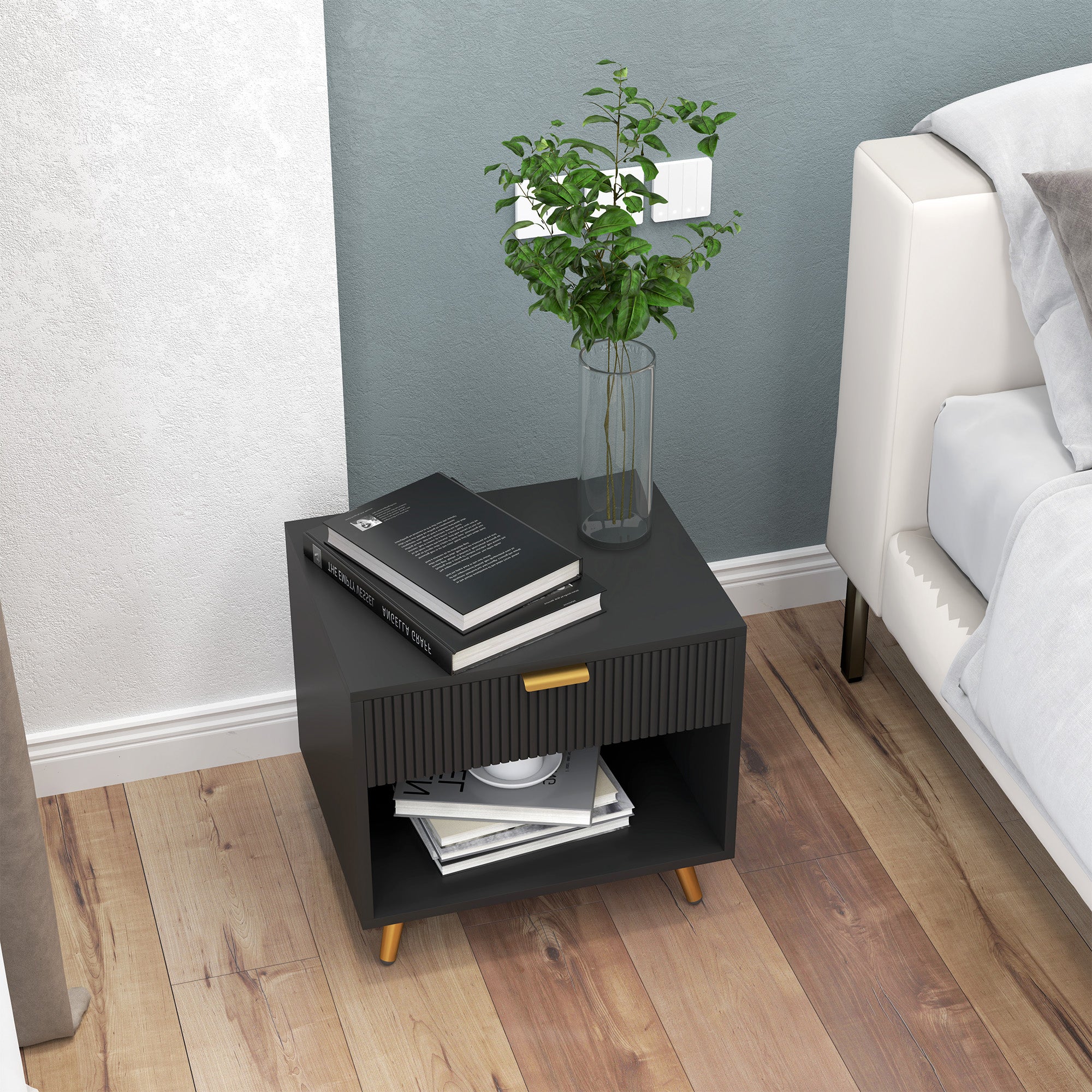 HOMCOM Elegant Bedside Table Set of 2, with Drawer and Shelf - Black/Gold Tone