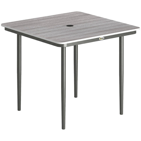 Outsunny Garden Dining Table for 4, 85 cm Square Outdoor Table with Umbrella Hole, Faux Wood Top, Metal Legs, Light Grey