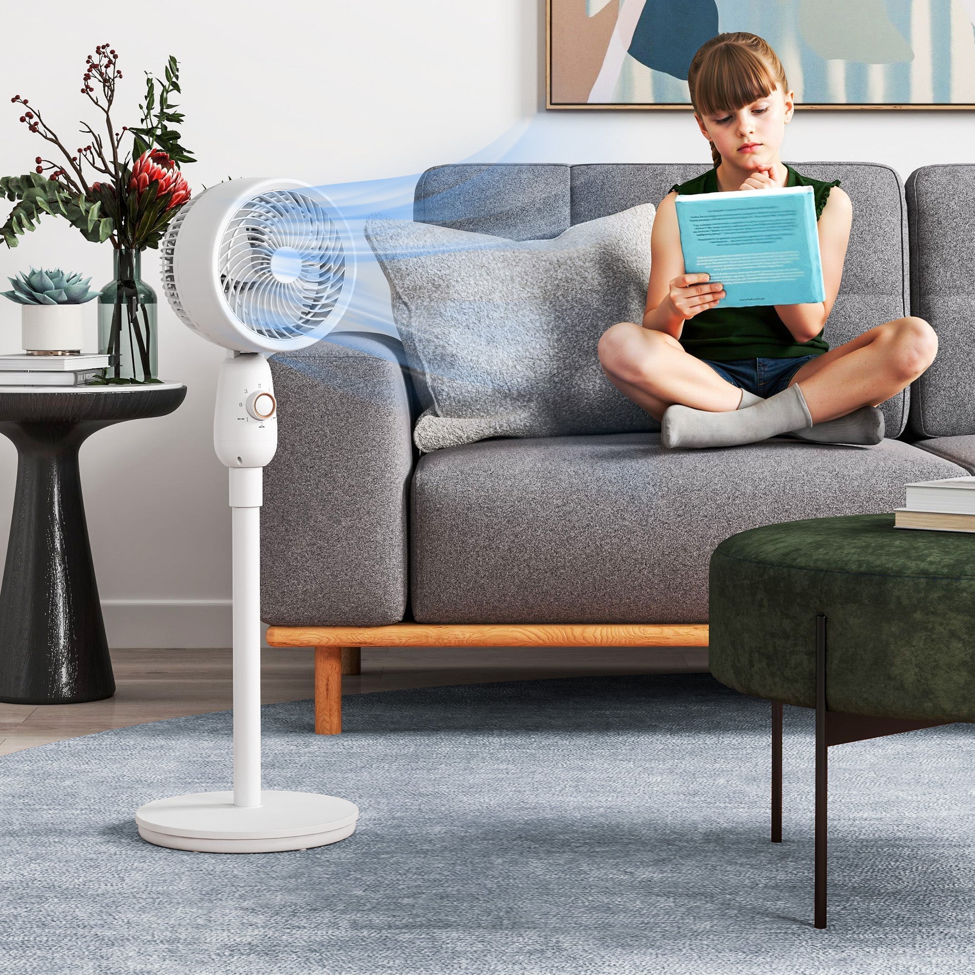 HOMCOM Pedestal Fan, Powerful Air Circulator, 12 Inch Floor Standing Fan with 3 Speed Settings, Oscillating Function for Bedroom, Home and Office, White