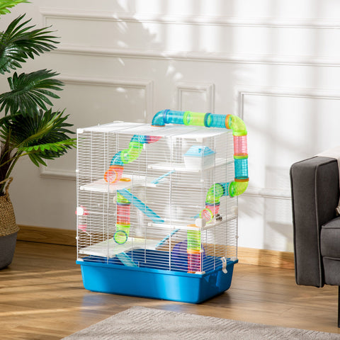 PawHut 5 Tier Hamster Cage, Gerbil Cage with Tube, Water Bottle, Exercise Wheel, Food Dish, 59L x 36W x 69H cm - Blue