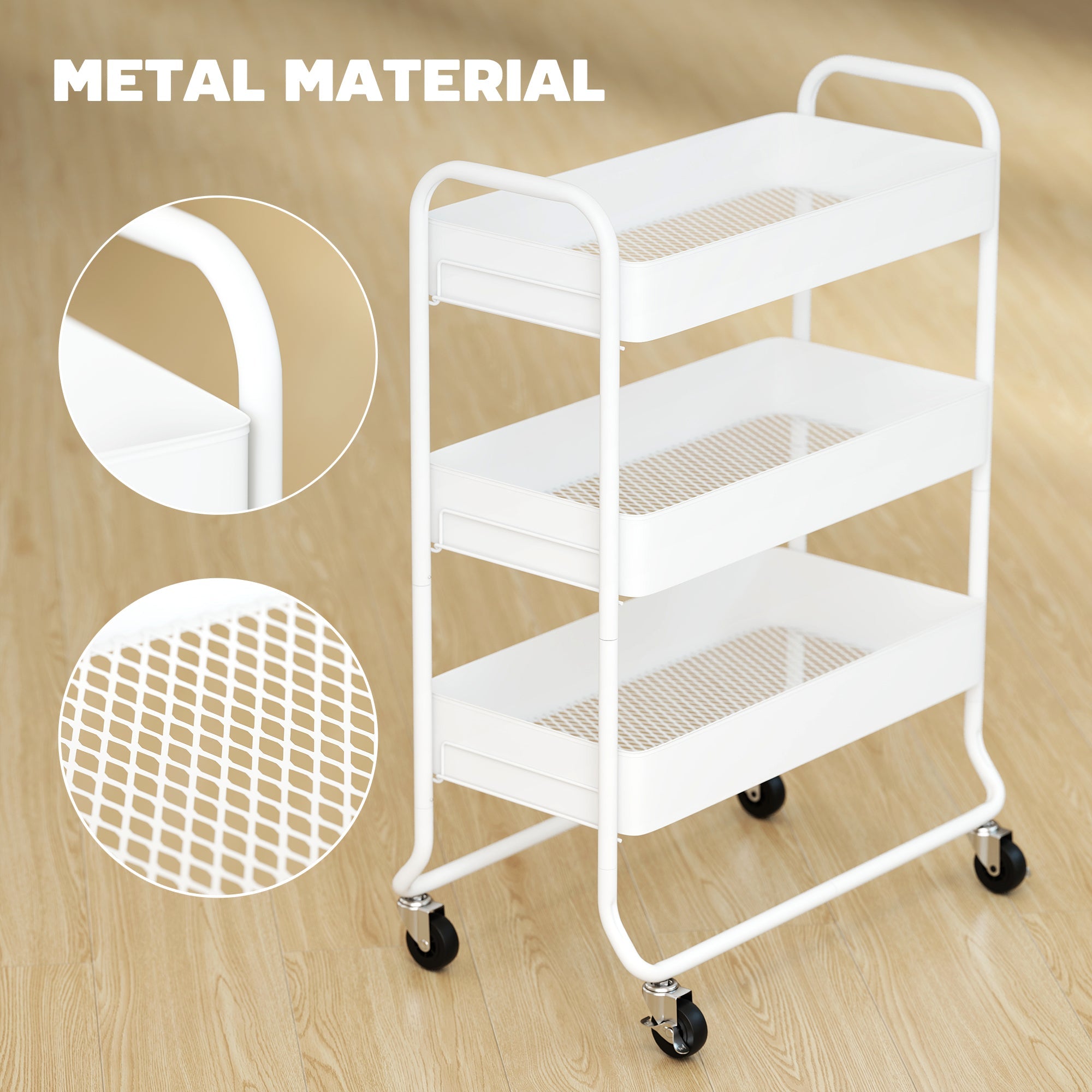 HOMCOM 3-Tier Storage Trolley on Wheels, Rolling Utility Cart with Mesh Backets for Kitchen, Bathroom, Bedroom, White
