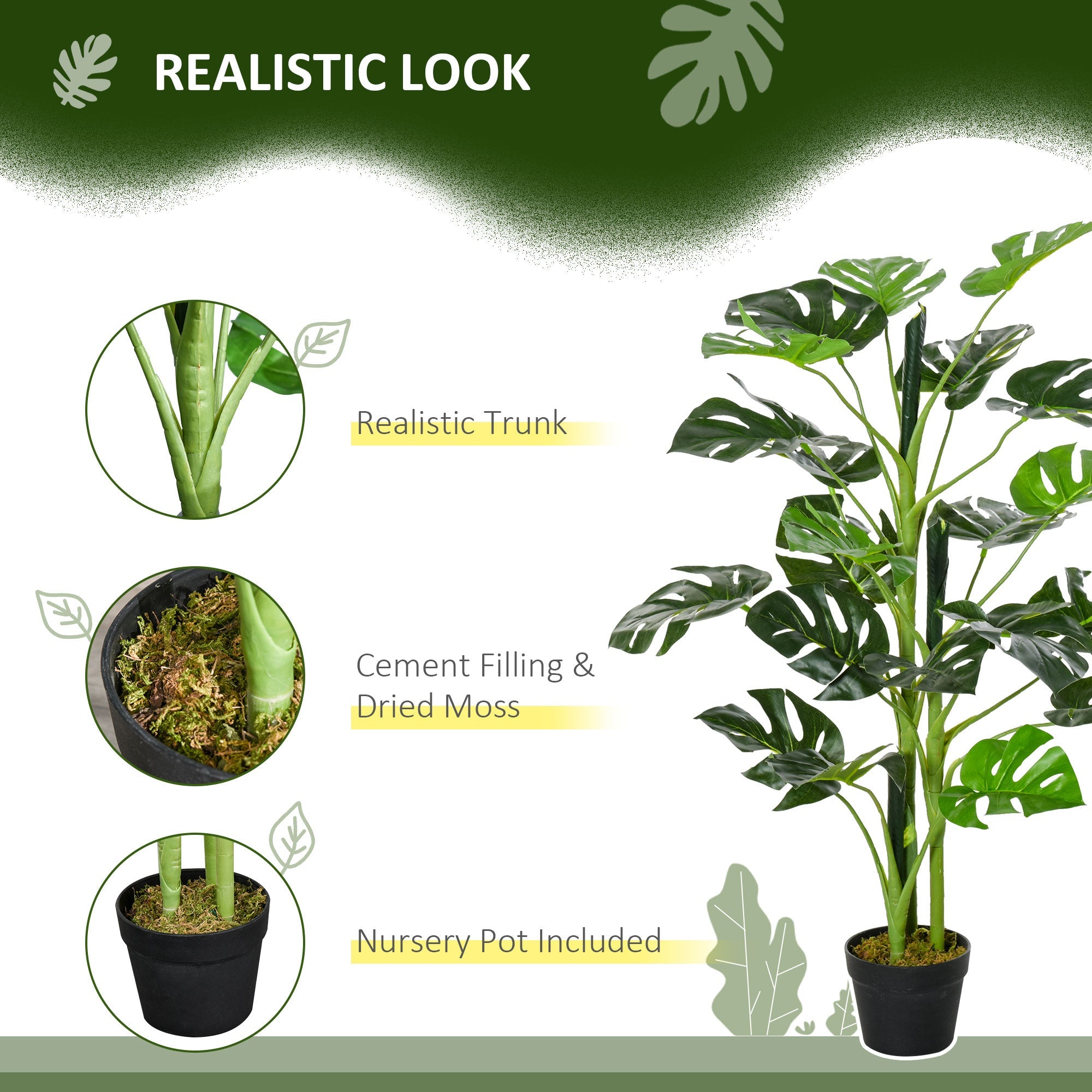 Outsunny 100cm/3.3FT Artificial Monstera Tree Decorative Cheese Plant 21 Leaves with Nursery Pot, Fake Tropical Palm Tree for Indoor Outdoor D\'c3\'a9cor, Set of 2