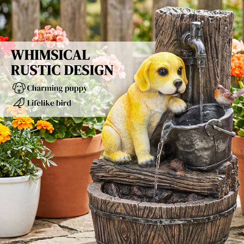 Outsunny Garden Water Feature with 3-Tier Rustic Puppy Design, Freestanding Resin with LED Lights, Adjustable Flow, Rustic Brown