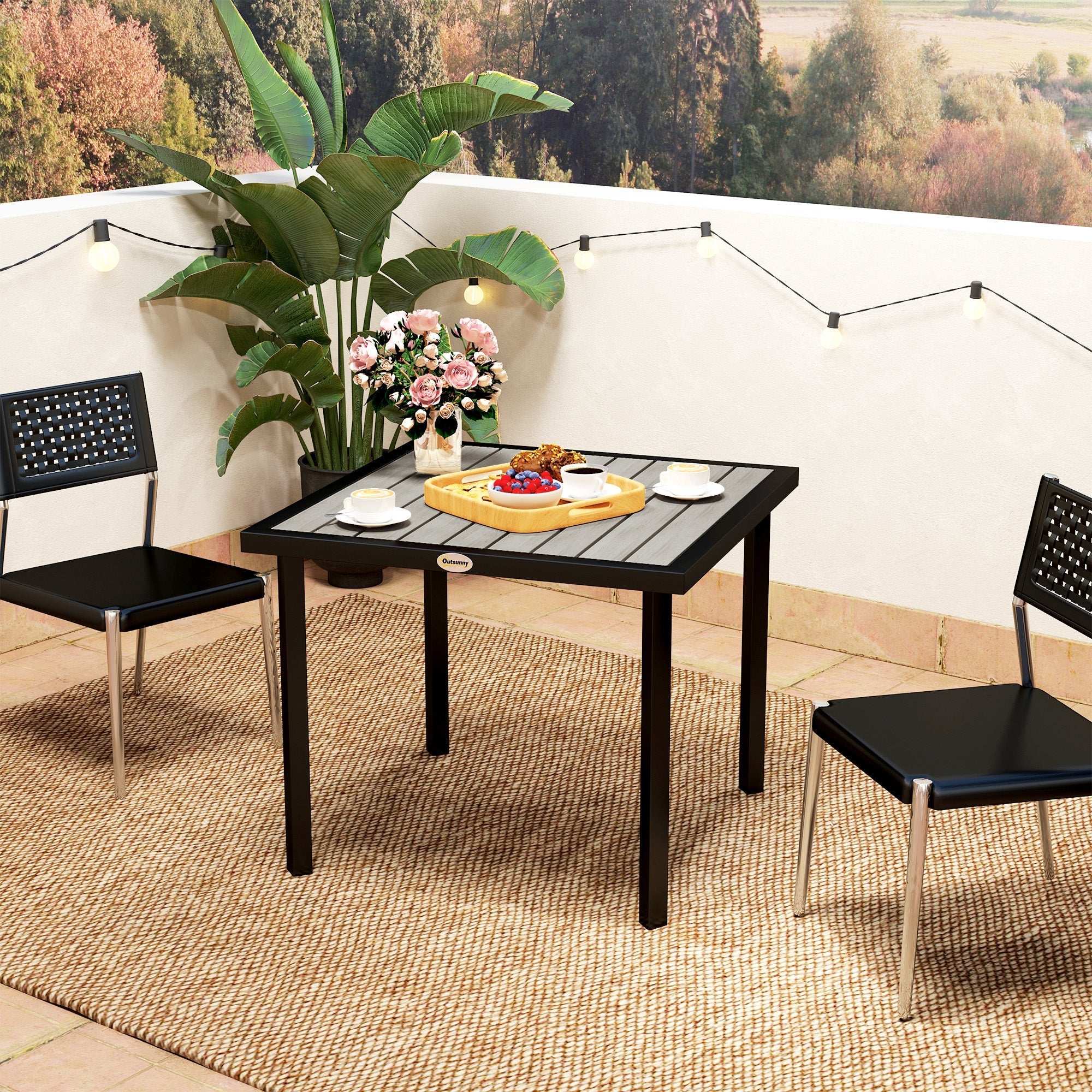 Outsunny Square Garden Dining Table with 5.4cm Parasol Hole, Slatted Top, Metal Frame, 86 x 86 x 71 cm, Light Grey
