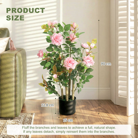 HOMCOM 90cm Artificial Rose Tree Set of 2, Decorative Fake Plant with 344 Silk Leaves 17 Flowers for Outdoor Indoor Decor, Pink