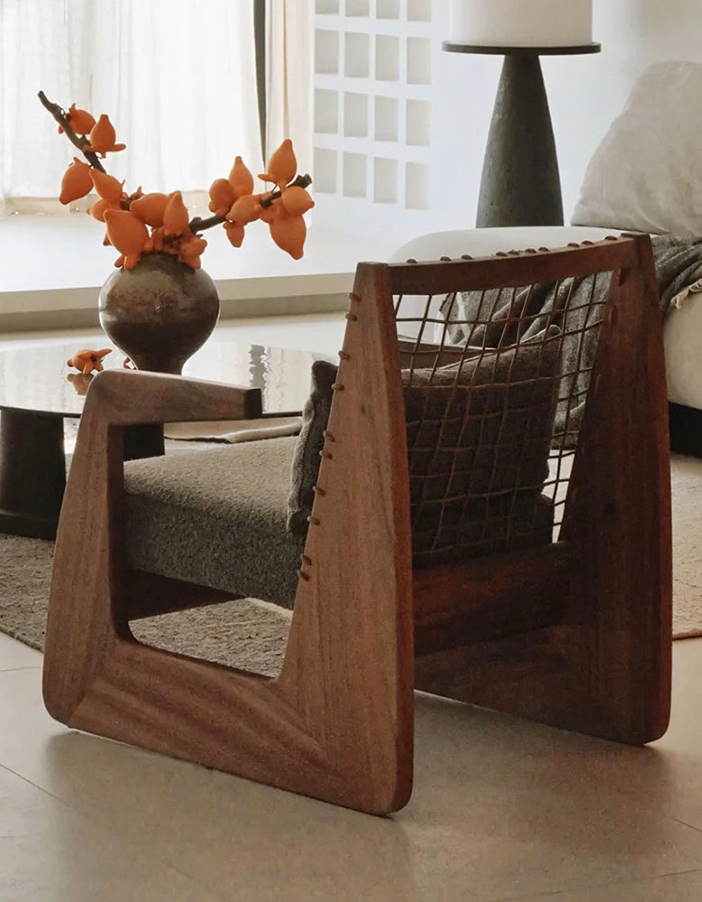 Delaney Retro Armchair, Solid Wood & Rattan
