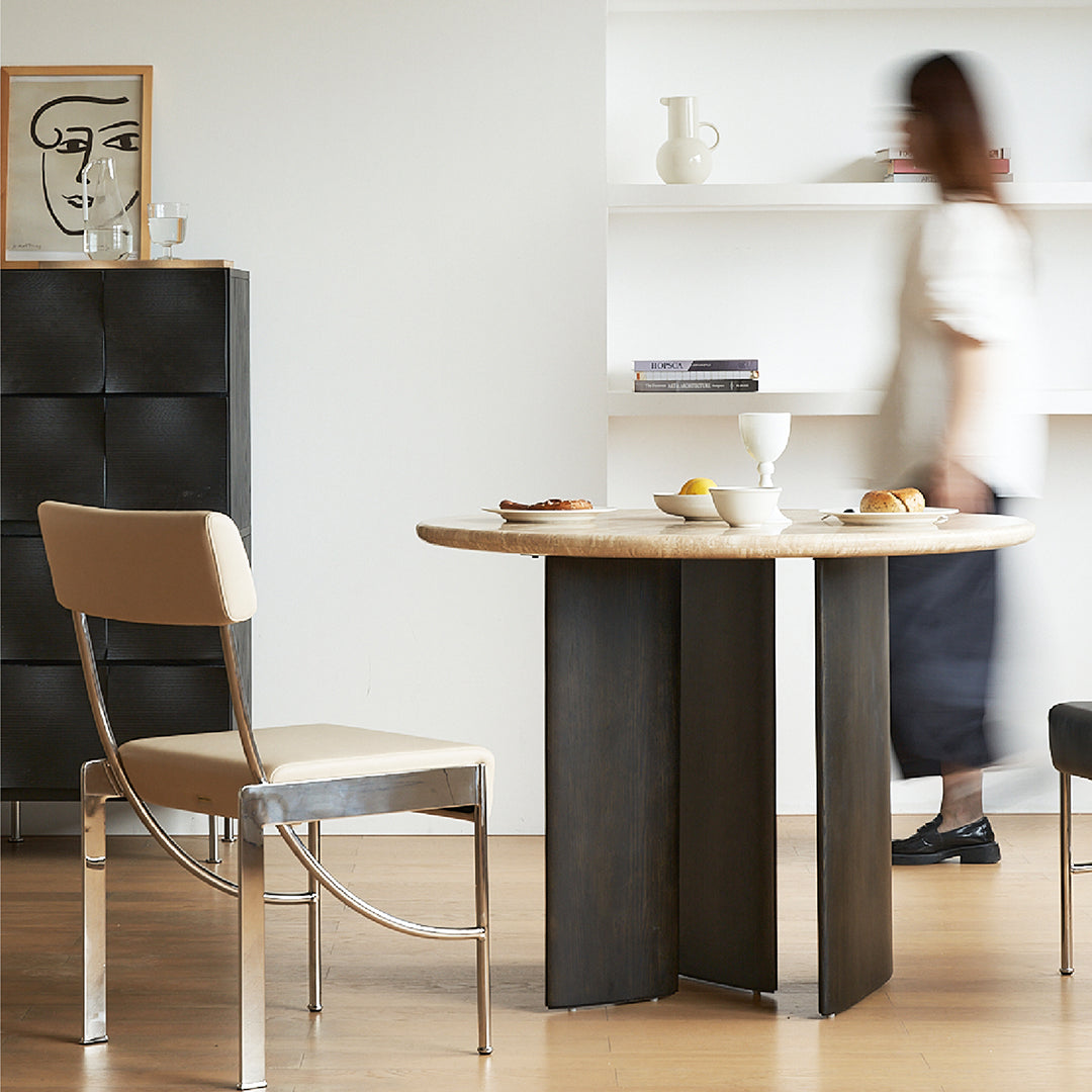 Boulanger Round Dining Table, Solid Wood & Travertine