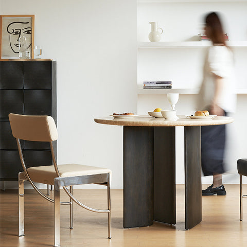 Boulanger Round Dining Table, Solid Wood & Travertine