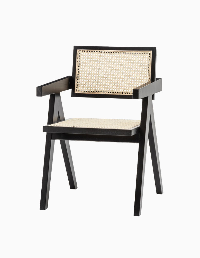 A Set Of Two Black Cane Rattan Dining Chair, Solid Wood