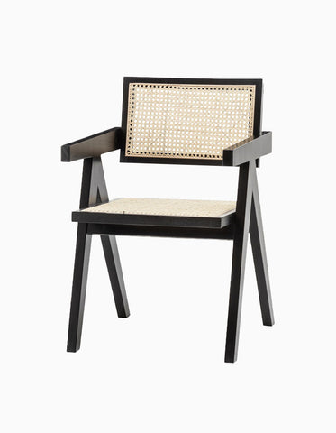 A Set Of Two Black Cane Rattan Dining Chair, Solid Wood