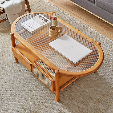 Alethea Rattan Coffee Table, Glass & Solid Wood