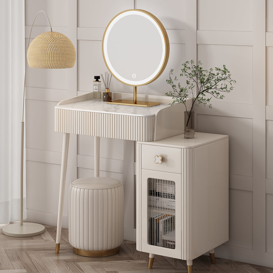 Asante Small Dressing Table With Side Cabinet & LED Mirror, Cream
