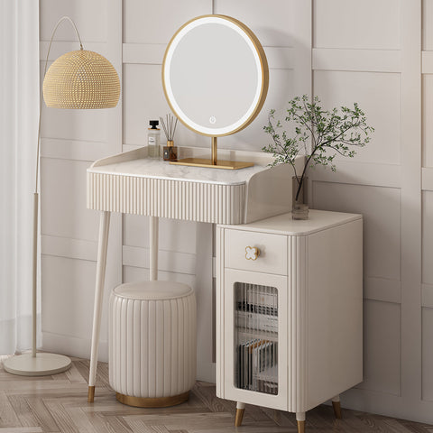 Asante Small Dressing Table With Side Cabinet & LED Mirror, Cream