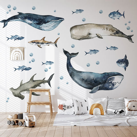 Sharks & Whales Decal Set - Sperm, Humpback, Blue, Hammerhead Shark + More - Watercolour Effect Stickers - Ocean Theme