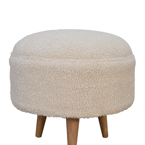 Artisan Furniture Solid Mango Wood Cream Boucle Rounded Footstool