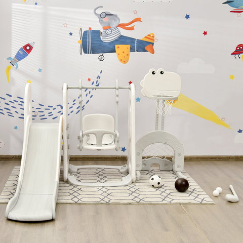 6 in 1 Toddler Slide and Swing Set with Adjustable Basketball Hoop for Indoor-Grey