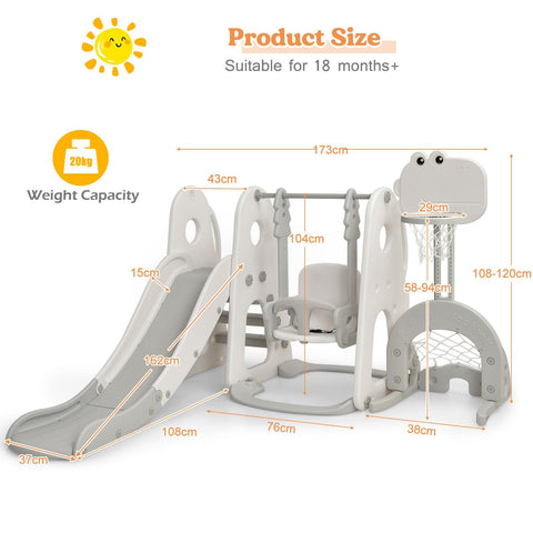 6 in 1 Toddler Slide and Swing Set with Adjustable Basketball Hoop for Indoor-Grey