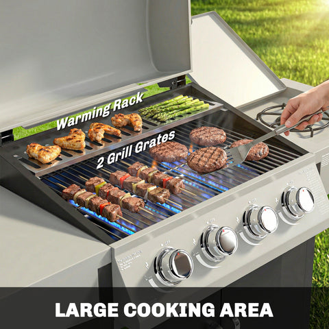 Outsunny 4+1 Burner Gas BBQ Grill with Side Burner, 50000 BTU Steel Portable Gas Barbecue Grill with Built-in Thermometer, Lid