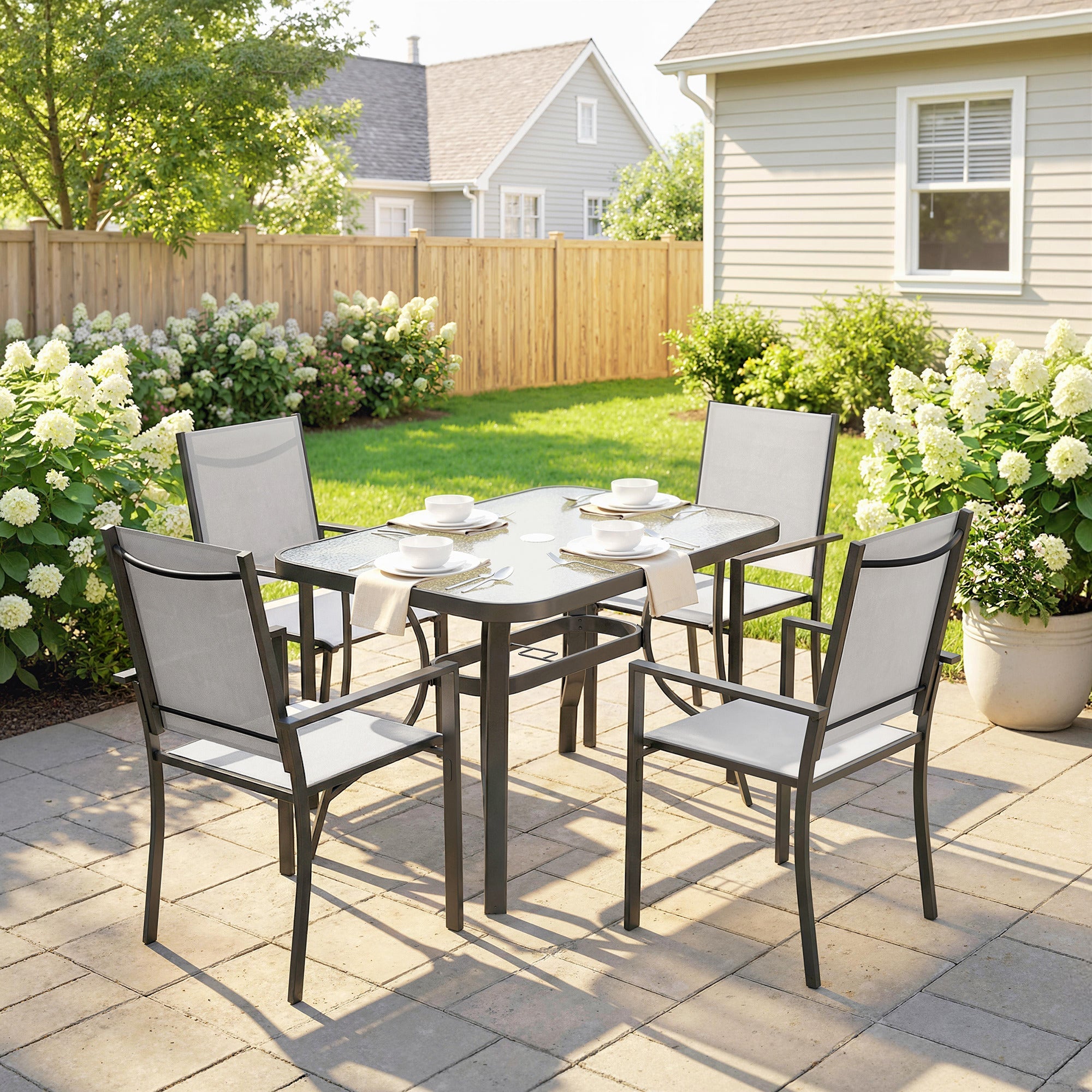 Outsunny Garden Dining Set for 4 with Umbrella Hole, Stackable Chairs and Rectangular Glass-Top Outdoor Table, Light Grey