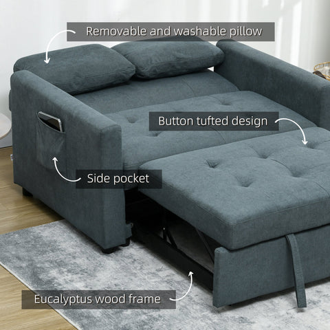 HOMCOM Loveseat Sofa Bed, Convertible Bed Settee with 2 Cushions, Side Pockets for Living Room, Charcoal Grey