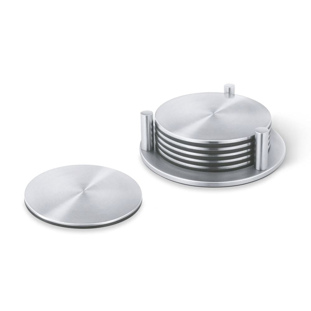 Zack Regio Brushed Stainless Steel Coaster Set with Stand | Set of 6
