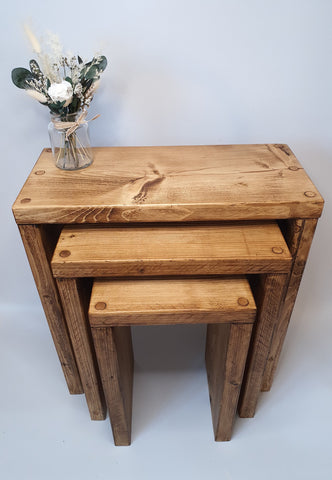 Set of 3 Solid Wood Rustic Nest Of Tables with Timber Legs
