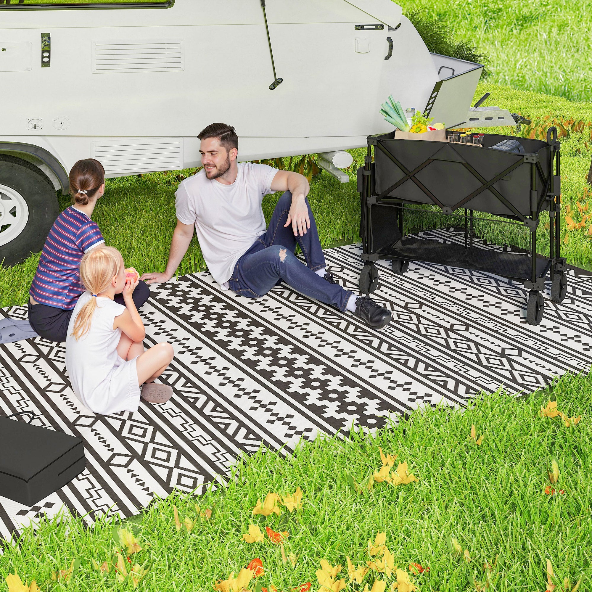 Outsunny Double Decker Folding Trolley on Wheels, 200KG & 350L Capacity Collapsible Wagon Festival Trolley Cart with 134cm Extended for Camping Sports Shopping Garden and Beach, Black