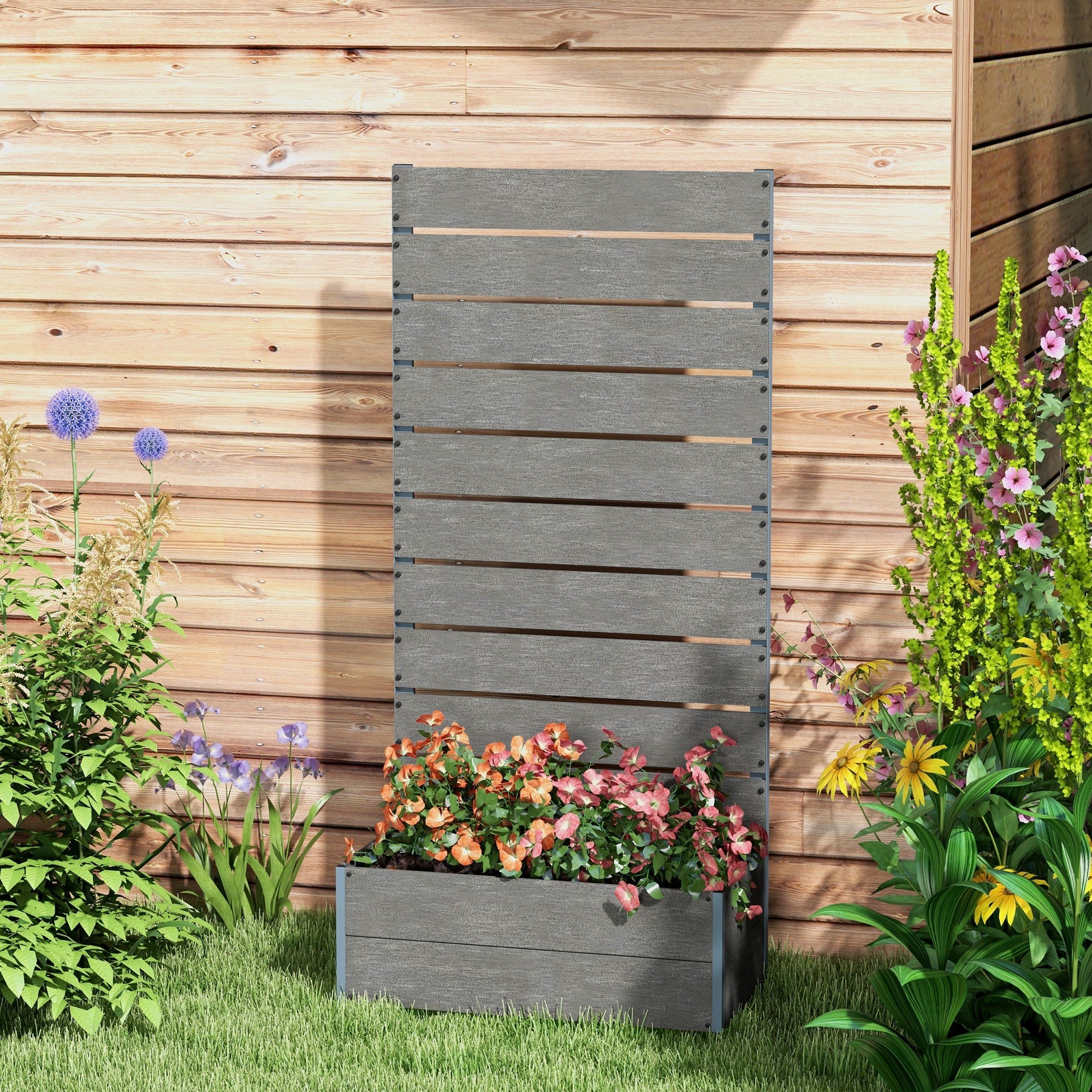 Outsunny 34 x 69.5cm Garden Planter Box, with Back Trellis, Grey