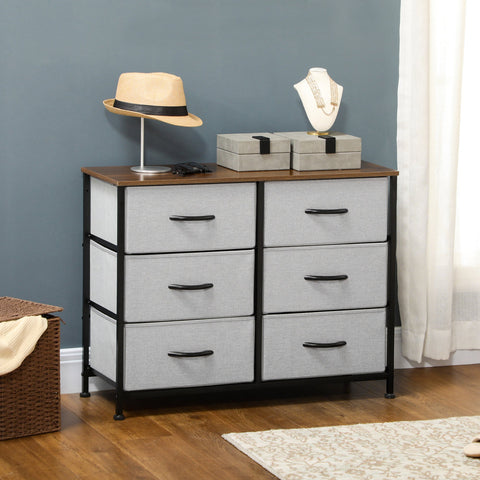 HOMCOM Fabric Chest of Drawers, Industrial Storage Bedroom Dresser with 6 Fabric Drawers, Steel Frame and Wooden Top for Nursery, Living Room, Hallway, Grey